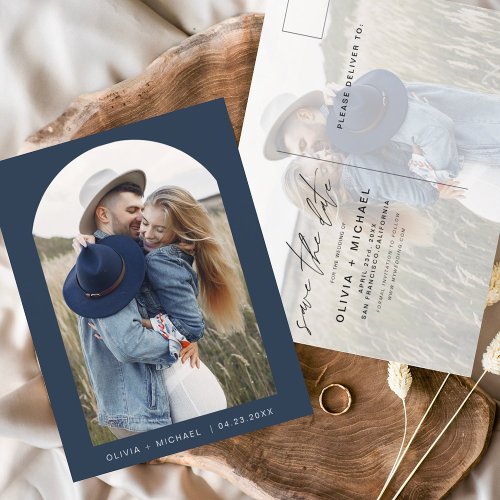 Two Photo Navy Blue Save the Date Postcard