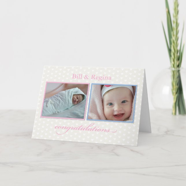 Two Photo New Baby Congratulations Customizable Na Card (Front)