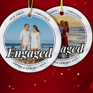 Two Photo Our First Christmas Engaged Faux Marble Ceramic Ornament