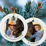 Two Photo Pet First Christmas Cute Minimalist Ceramic Ornament<br><div class="desc">Minimalist ornament with your custom photos and cute handwritten style typography. The design is double-sided and the template is set up ready for you to add your photos and personalized text to the front and back. The sample wording reads "[name's] first christmas at [place]" and you can edit this as...</div>
