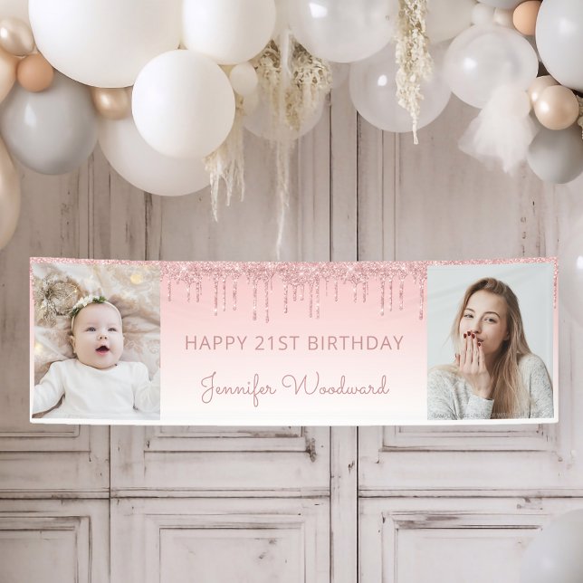 Two Photo Pink Dripping Glitter 21st Birthday Banner (Creator Uploaded)