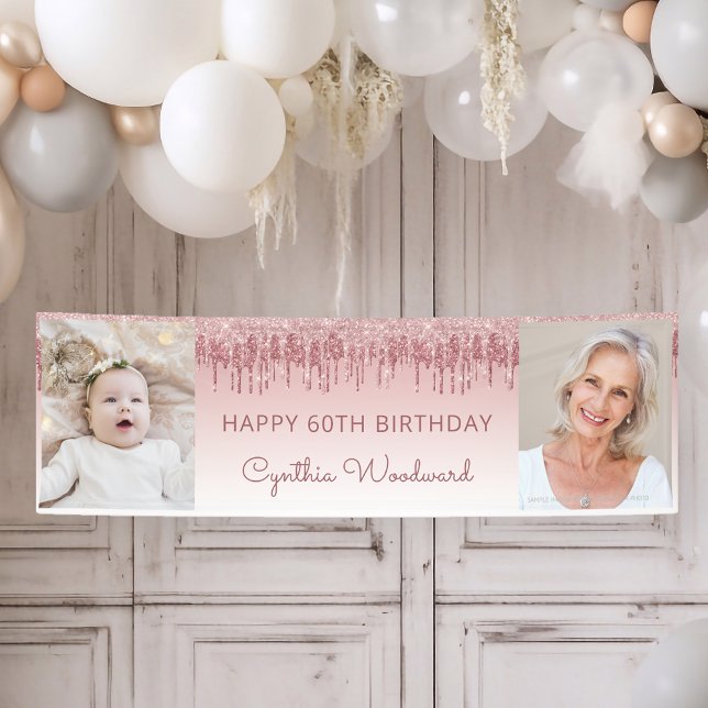 Two Photo Pink Rose Dripping Glitter 60th Birthday Banner (Creator Uploaded)