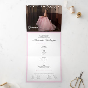Two Photo Pink Silhouette with Moon Quinceanera Tri-Fold Invitation