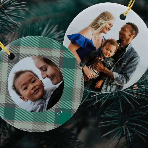 Two Photo Plaid Green Elegant Christmas Holiday Ceramic Ornament