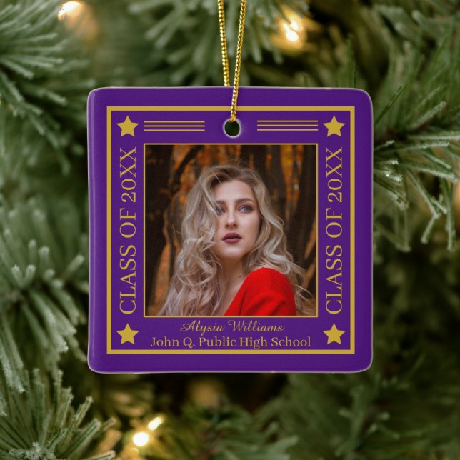 Two Photo Purple | Gold Class Year Graduation Ceramic Ornament (Tree)