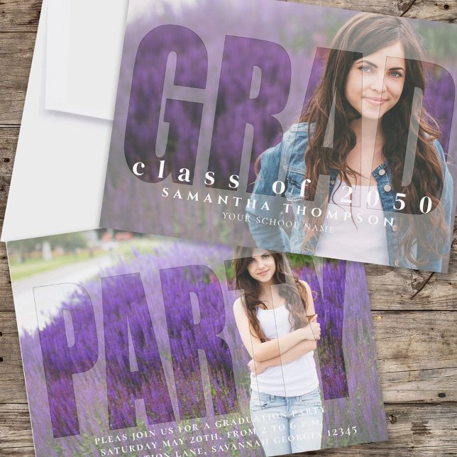 Two Photo Purple Grad Party Announcement (Two photo purple grad party announcement with bold oversized typography design.)