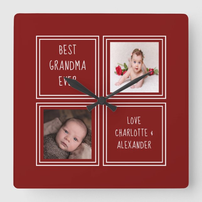 Two Photo Red Template Square Wall Clock (Front)