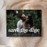 Two Photo | Retro Boho Typography Save the Date Announcement Postcard<br><div class="desc">This trendy and boho save the date postcard features two of your favorite personal photos,  with retro white handwritten text. The back contains a second photo with a translucent overlay,  and more of your wedding details and information. A simple and stylish look that will fit perfectly with your style!</div>