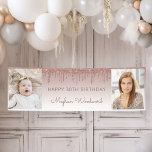 Two Photo Rose Gold Dripping Glitter 30th Birthday Banner<br><div class="desc">Welcome guests with this chic, glamorous 30th birthday party photo banner, featuring a sparkly rose gold faux glitter drip border and rose gold ombre background. Easily replace the two sample images with photos of the guest of honor. Personalize it with her name in dark rose handwriting script beneath the words...</div>