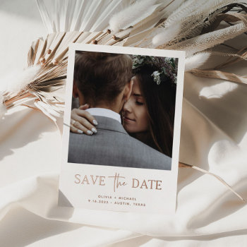 Two Photo | Rose Gold Save The Date Foil Card by Customize_My_Wedding at Zazzle