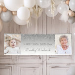 Two Photo Silver Dripping Glitter 90th Birthday Banner<br><div class="desc">Welcome guests with this chic, glamorous 90th birthday party photo banner, featuring a sparkly silver faux glitter drip border and silver ombre background. Easily replace the two sample images with photos of the guest of honor. Personalize it with her name in gray handwriting script beneath the words "Happy 90th Birthday"...</div>