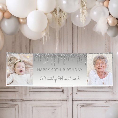 Two Photo Silver Dripping Glitter 90th Birthday Banner