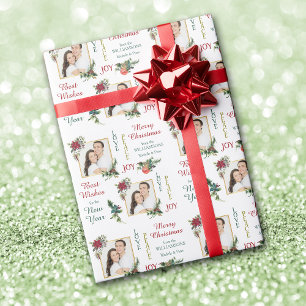 Two Photo Template Poinsettia Joy Peace Christmas Wrapping Paper