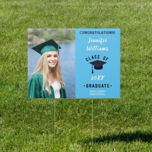 Two Photo Vertical Class of Graduate L Blue Yard Sign