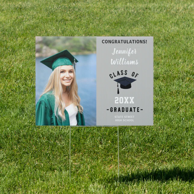 Two Photo Vertical Class of Graduate L Gray Yard Sign | Zazzle