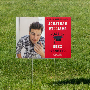 Two Photo Vertical Class of Graduate Red Yard Sign