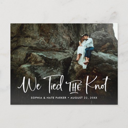 Two Photo  We Tied the Knot Handwritten Script Announcement Postcard