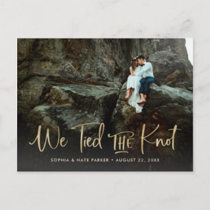 Two Photo   We Tied the Knot Handwritten Script Announcement Postcard