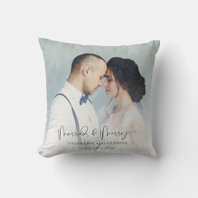 Two Photo Wedding Name Date Overlay Throw Pillow (Front)
