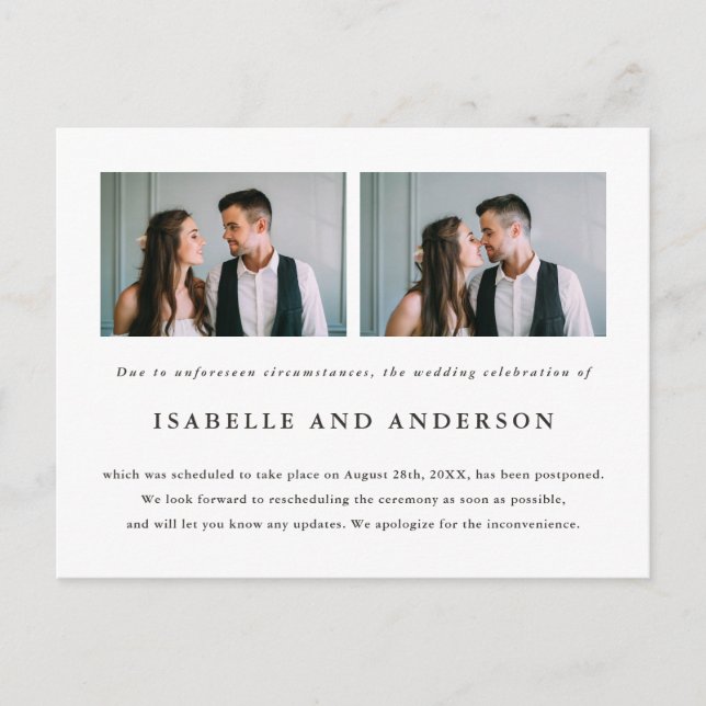 Two Photo Wedding Postponement Announcement Postcard (Front)