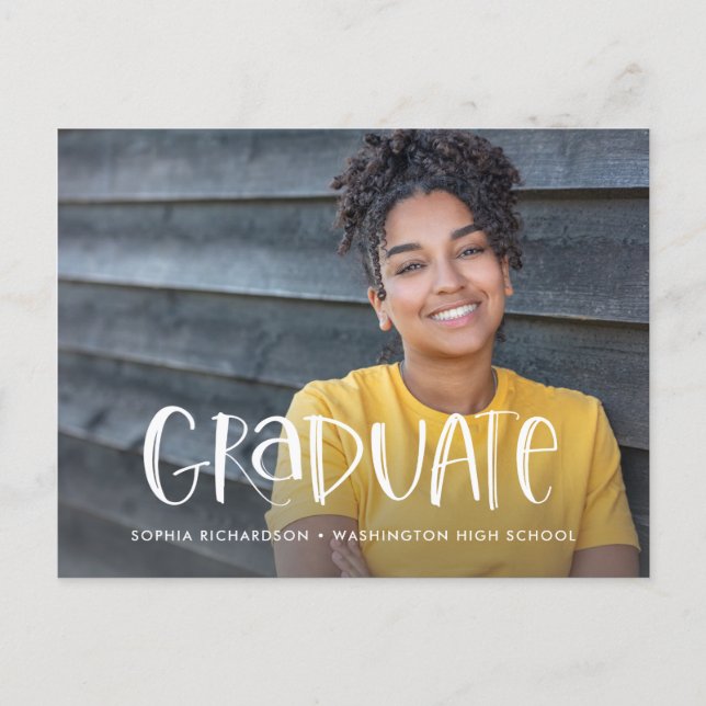 Two Photo | Whimsical Typography Graduation Announcement Postcard (Front)
