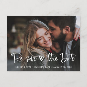 Two Photo   White Heart and Script Change the Date Announcement Postcard