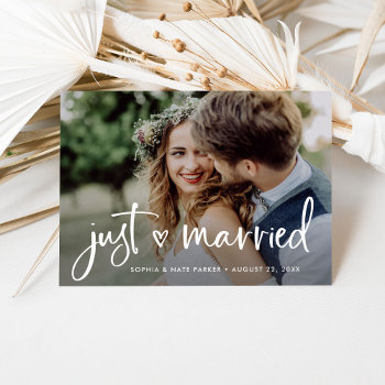 Two Photo | White Heart And Script Just Married Announcement Postcard by Customize_My_Wedding at Zazzle