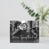 Two Photo | White Script Tying the Knot Announcement Postcard (Standing Front)