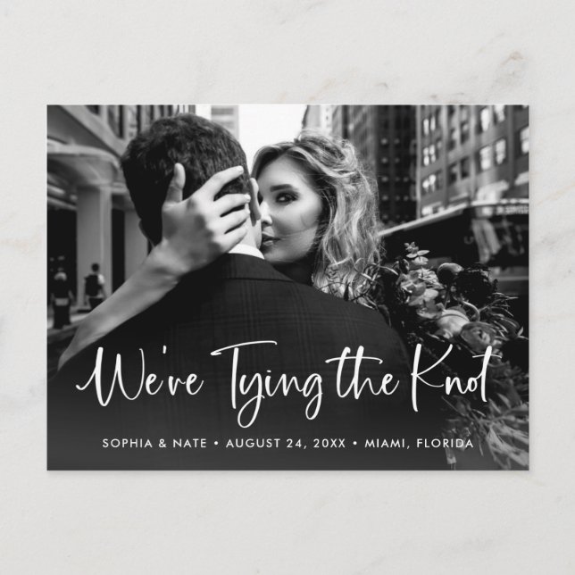 Two Photo | White Script Tying the Knot Announcement Postcard (Front)