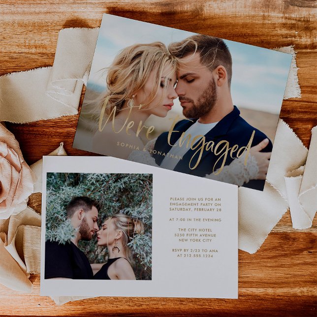 Two Photo with Faux Gold Script | Engagement Party Invitation (Creator Uploaded)