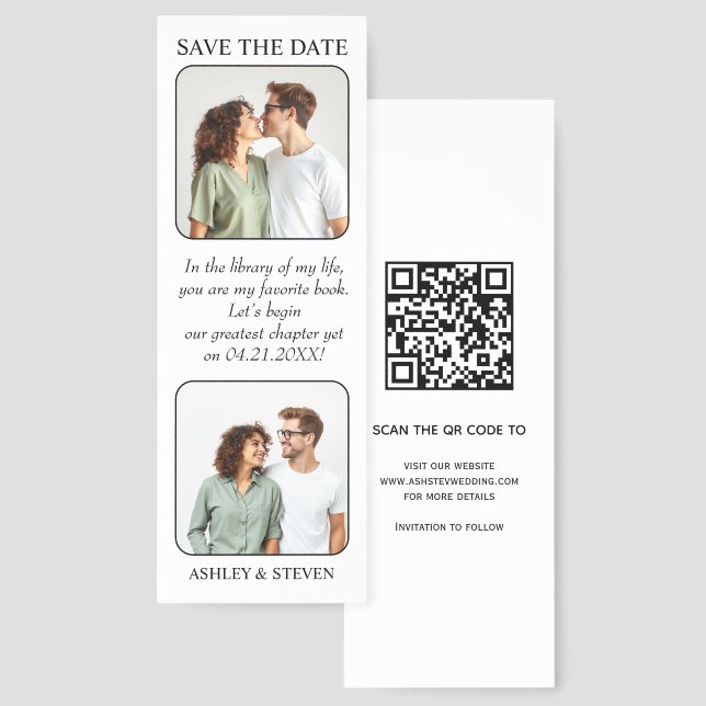Two photos and library quote Save the Date QR code Bookmarks (Front & Back)