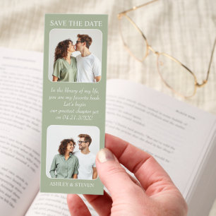 Two photos and library quote Save the Date QR code Bookmarks