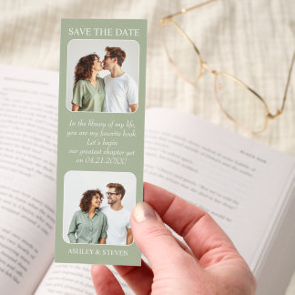 Two photos and library quote Save the Date QR code Bookmarks