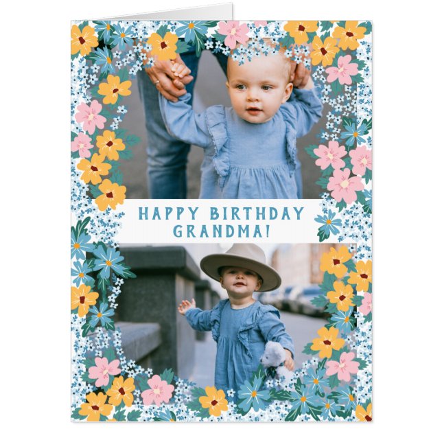 Two Photos Blue Floral Happy Birthday Grandma Big Card (Front)