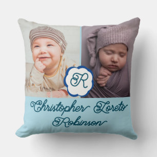 Two Photos & Complete name & Monogram Baby boy Thr Throw Pillow