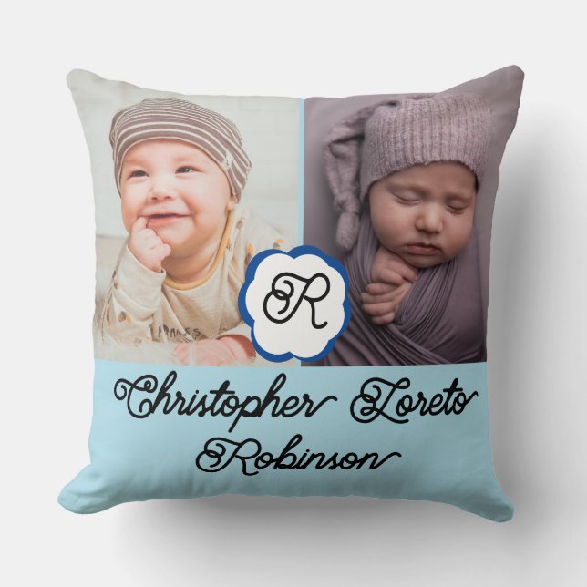 Two Photos & Complete name & Monogram Baby boy Throw Pillow (Front)