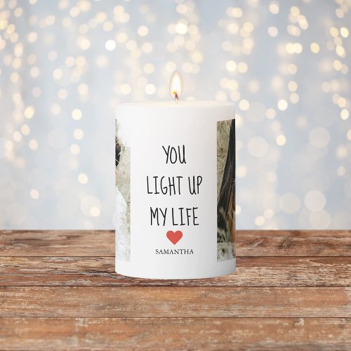 Two Photos  Happy Valentines Day  Romantic Quote Pillar Candle