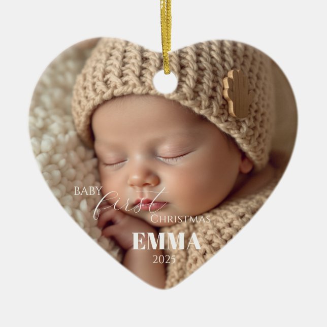 Two Photos Minimalist Baby First Christmas Ceramic Ornament (Front)