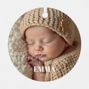 Two Photos Minimalist Baby First Christmas Metal Ornament