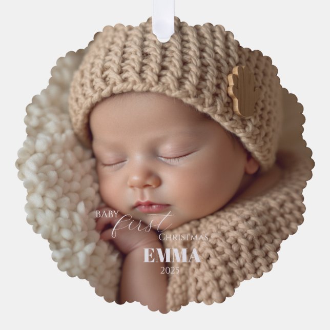 Two Photos Minimalist Baby First Christmas Ornament Card (Front)
