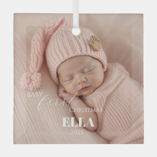 Two Photos Minimalist Pink Baby First Christmas Glass Ornament