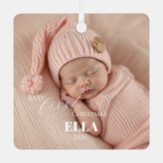 Two Photos Minimalist Pink Baby First Christmas Metal Ornament