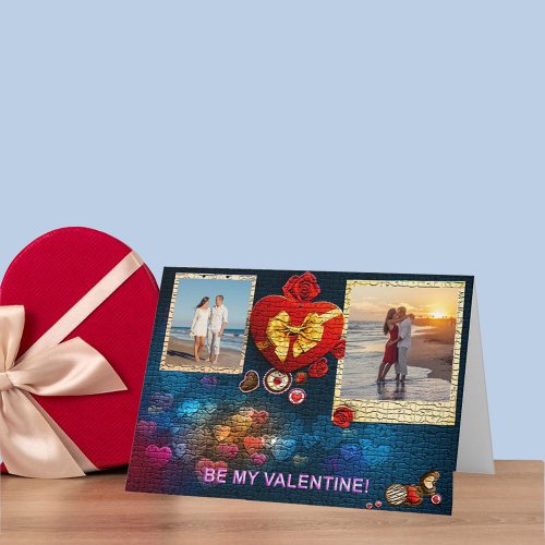 Two Photos  Name Heart Be My Valentine Mosaic 5x7 Holiday Card