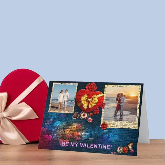 Two Photos & Name Heart Be My Valentine Mosaic 5x7 Holiday Card (Two Photos & Name Heart Be My Valentine Mosaic 5x7 Holiday Card)