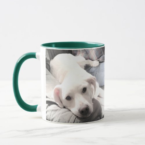Two Photos of Adorable Lazy White Puppy on Couch  Mug