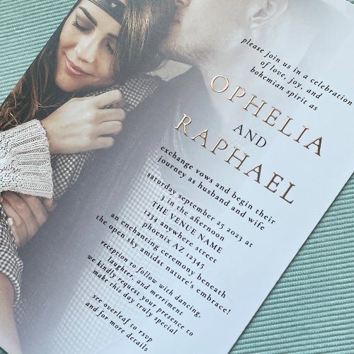  Two Photos Overlay QR Code Bohemian Wedding Real Foil Invitation
