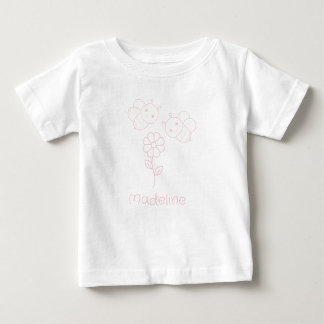 Two Pink Baby Bumblebees One Pink Daisy Add Name Baby T-Shirt (Front)
