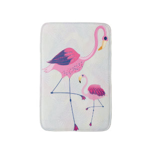 Two Pink  & Blue Flamingos Illustration Bathroom Mat