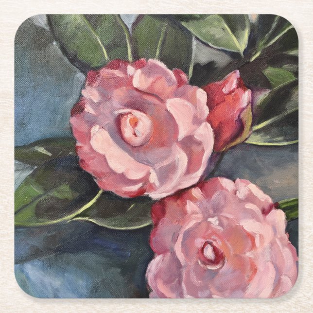 Two Pink Camellias Fine Art Oil Painting Square Paper Coaster (Front)