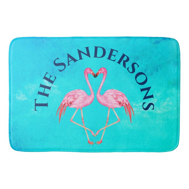 Two Pink Flamingos Bathroom Monogram Name Bath Mat (Front)